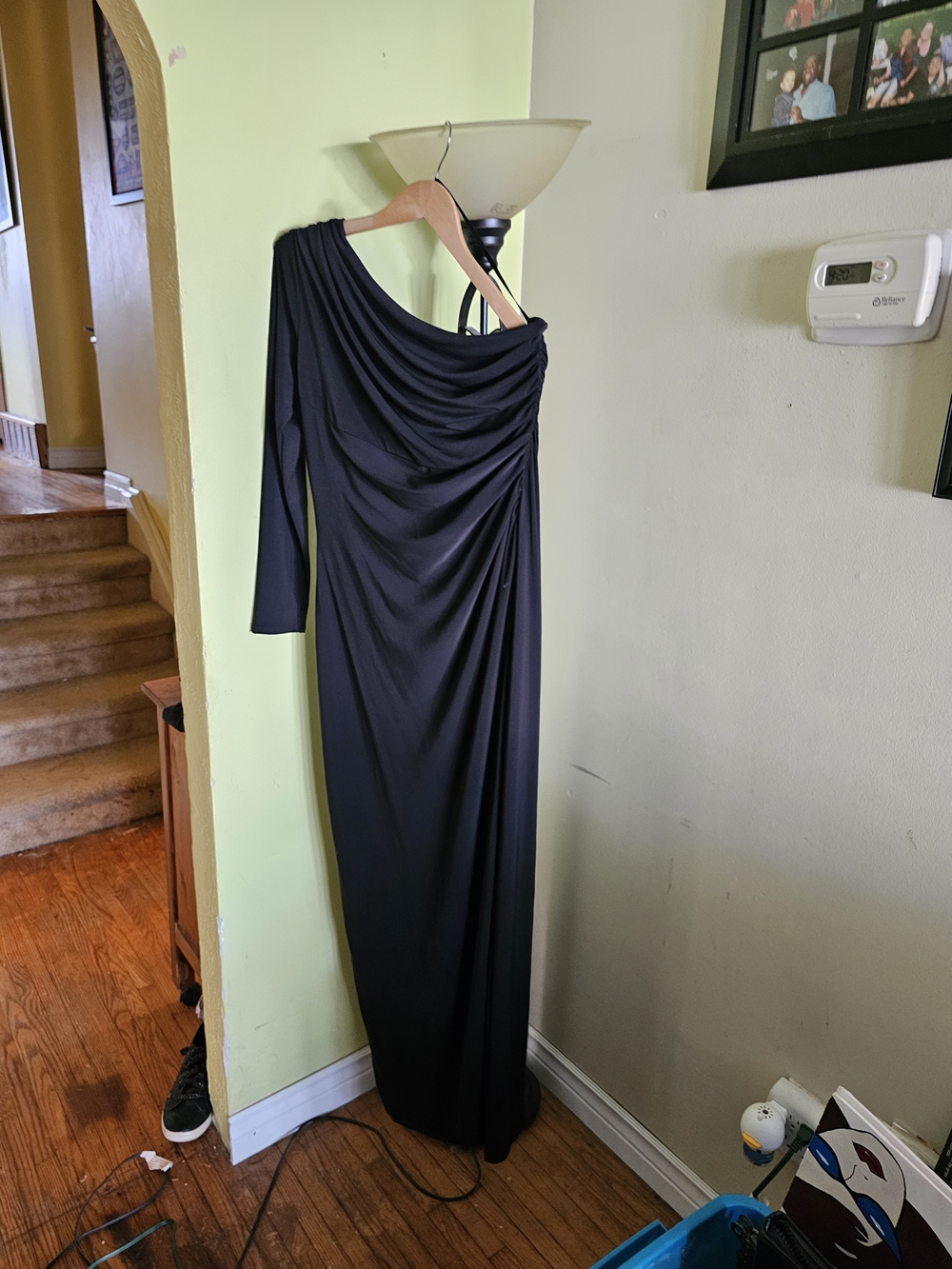 Ralph Lauren Black One-Shoulder Draped Gown with Long Sleeve